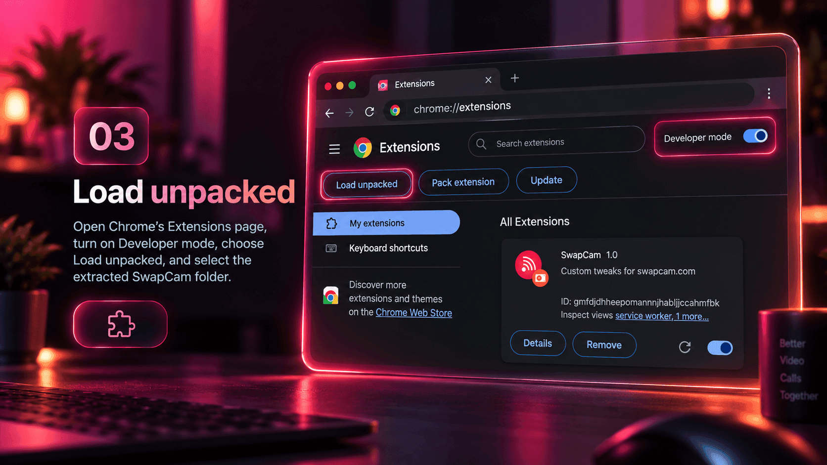 Chrome's Extensions page with Developer mode switched on and the Load unpacked button highlighted