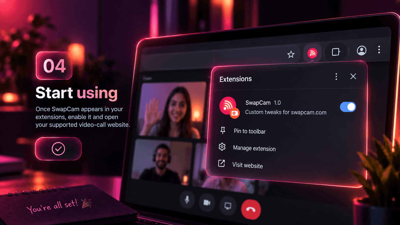 A browser video call with the SwapCam panel open and a source face selected